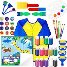 Image shows the elements in the paint set- Sponges, paints, brushes, rollers, play mat and bib.